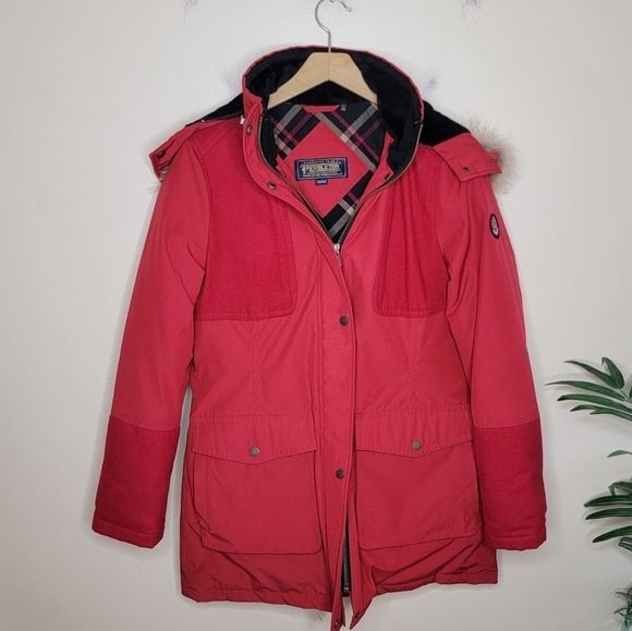 Pendleton | Juneau Genuine Coyote Fur Trim Melton Detail Down Red Parka Medium - Picture 12 of 13